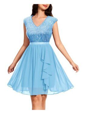 Sequin Cocktail Dress Sparkly Short Prom Dress with Cap Sleeves V-Neck